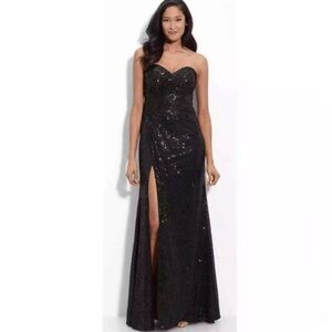 LA FEMME 🖤 black strapless sequin gown side slit prom ruched formal dress event